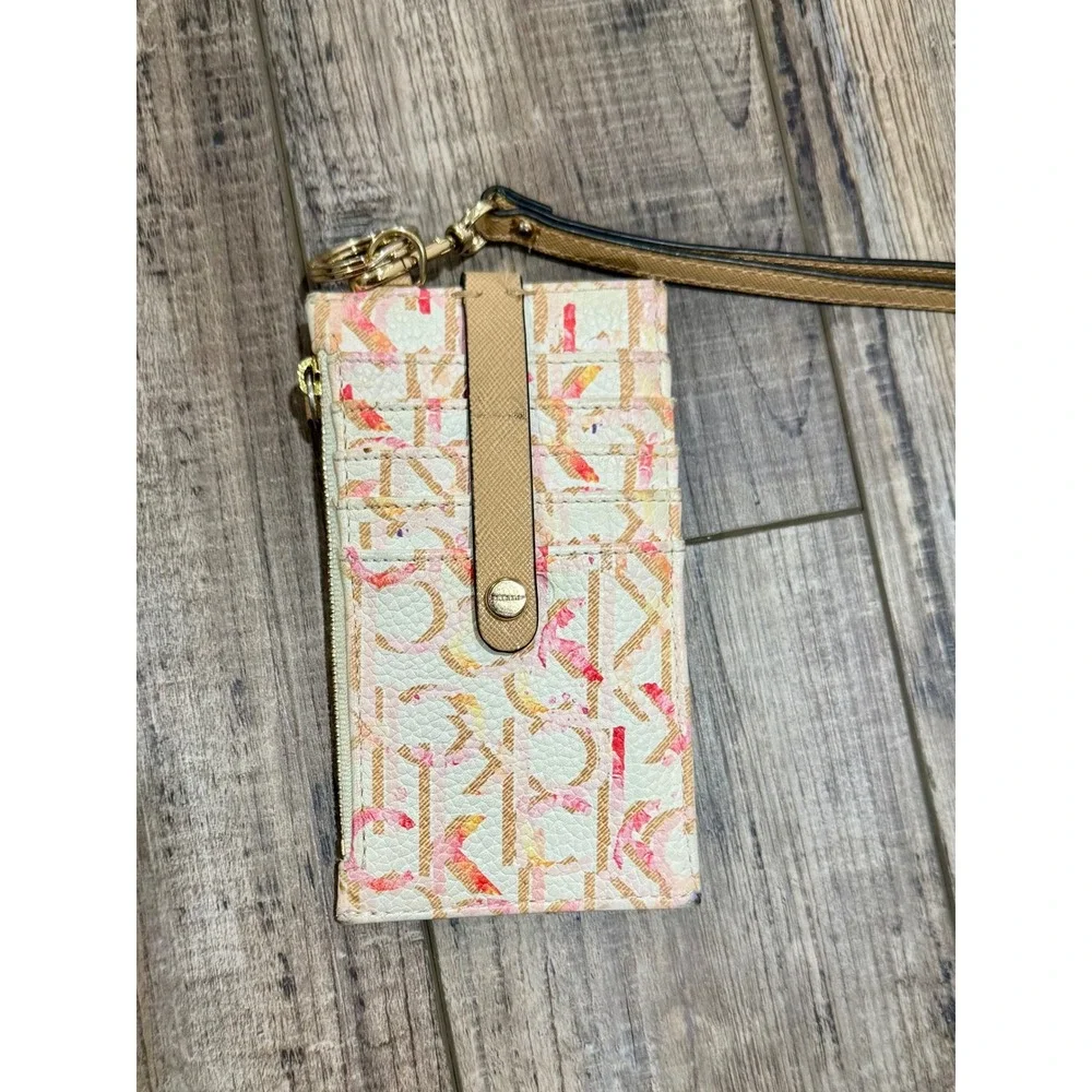 Calvin Klein Monogram Logo Card Holder Zip Wallet with Wristlet Strap White Pink